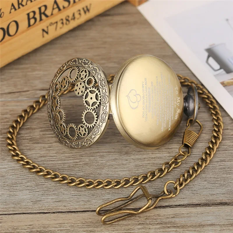 Bronze Hollow Out Gear Case Arabic Number Quartz Pocket Watch for Men Women To My Son Design Cover Gift To Kid Long Chain