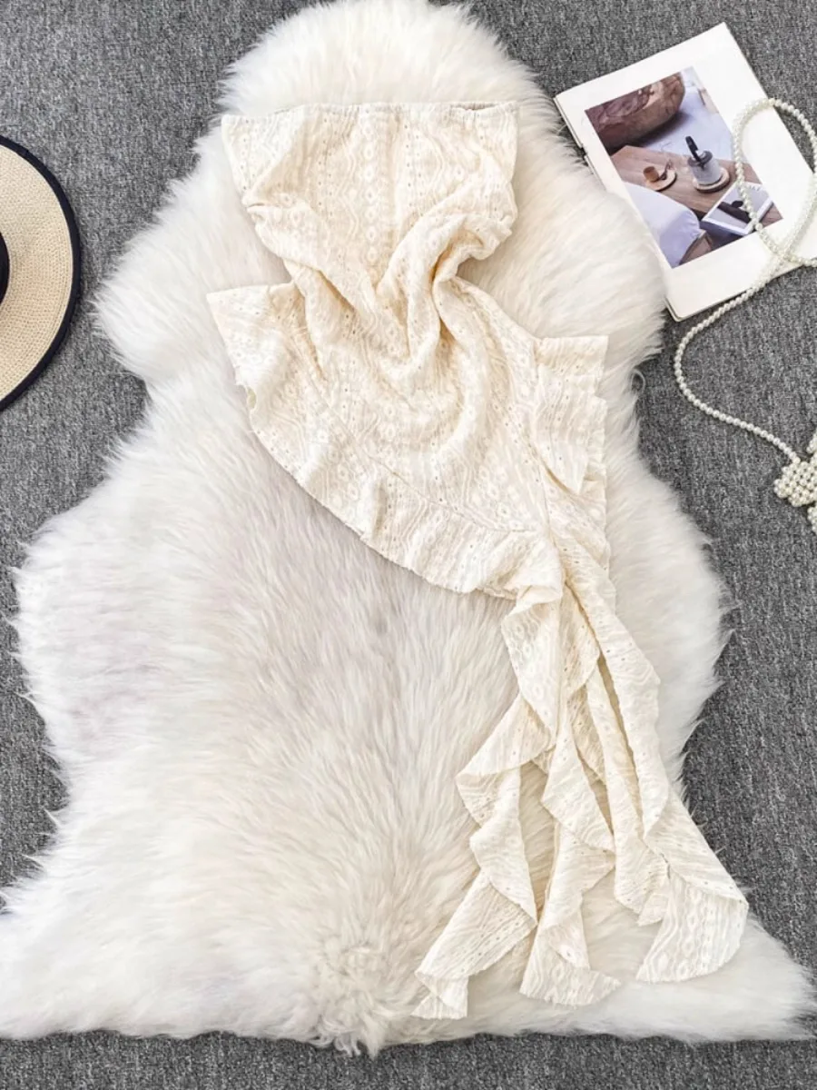 Foamlina y2k moda feminina sexy renda fora do ombro tubo vestido superior feminino novo irregular streamer fino ajuste mini vestido