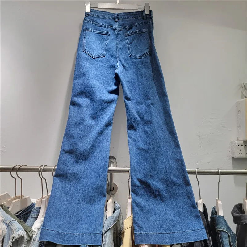 American Retro Slant Lapel Button Placket Spring Autumn Women Denim Trousers Blue High Waist Wide Leg Casual Straight Jeans