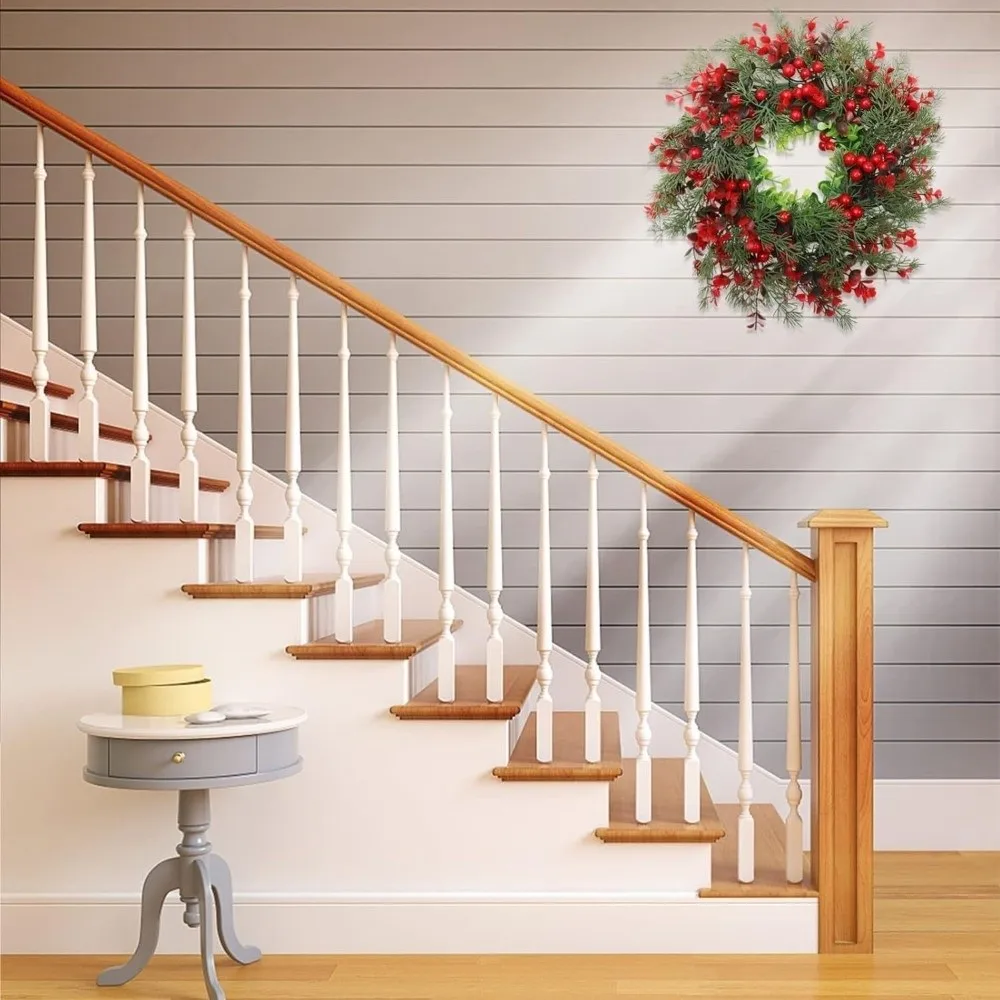 Plastic Artificial Christmas Wreath 35cm with Eucalyptus Leaves,Red Berry Christmas Door Decoration Round Garden Decor