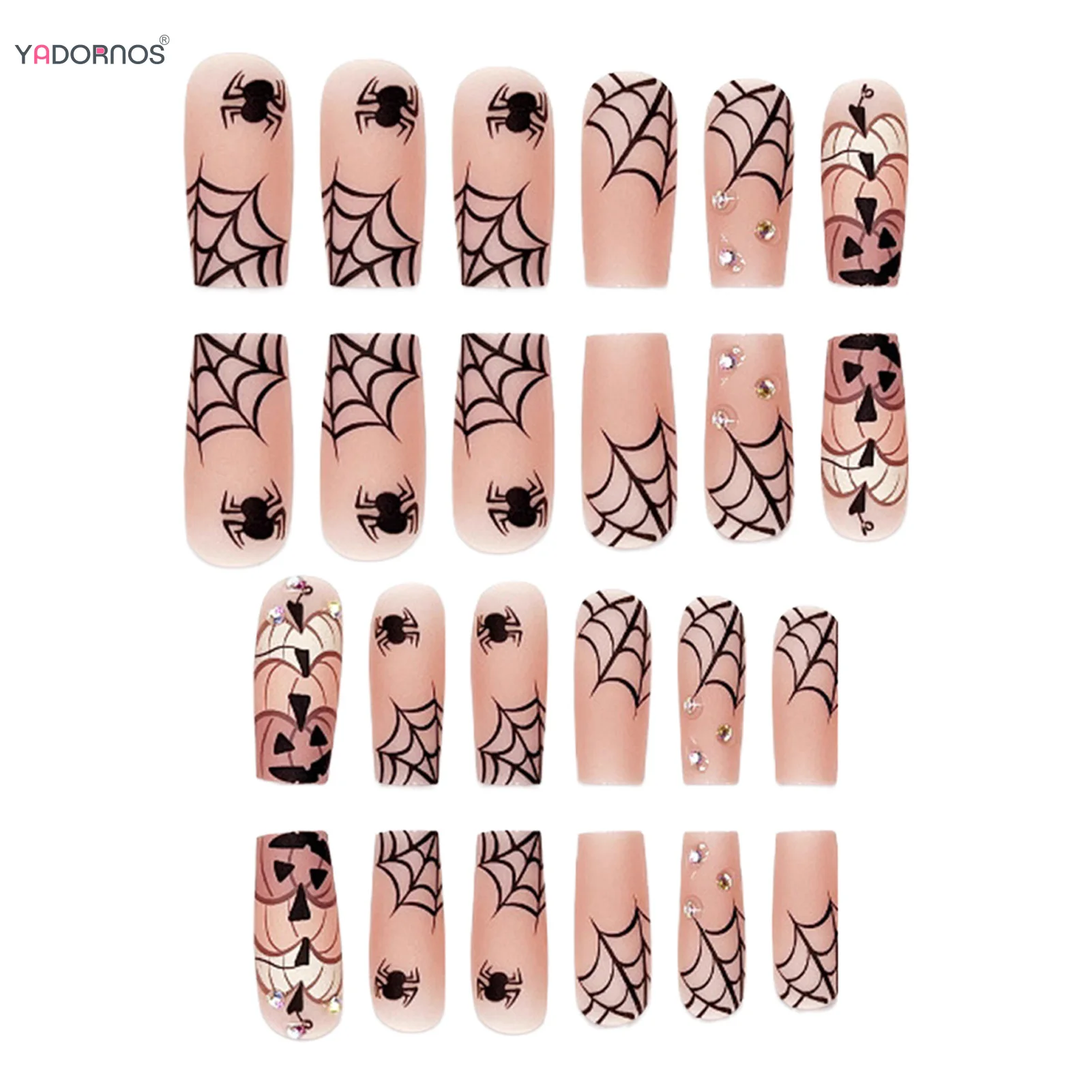 عارية اللون متوسطة طول نعش الأظافر كاذبة 24 قطعة أظافر الهالوين اضغط على شبكة العنكبوت اليقطين المصممين غطاء كامل وهمية مسمار الفن #5