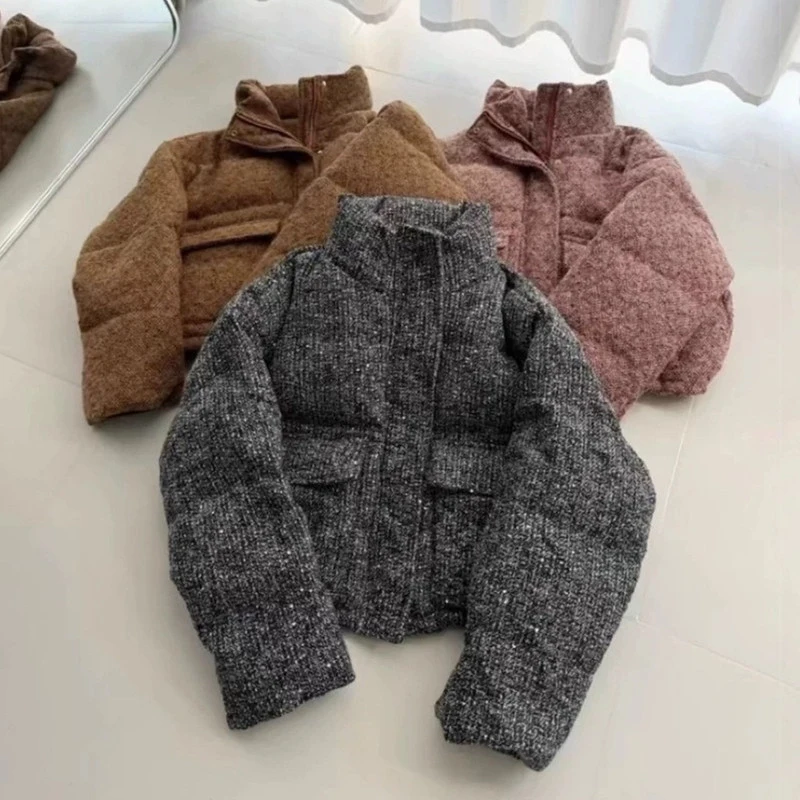 Winter Chic Stand Kraag Korte Parker Donsjack Vrouwelijke Grote Zak Rits Dikke Outwears Vrouwen Witte Eendendons Warme Bladerdeeg Jas