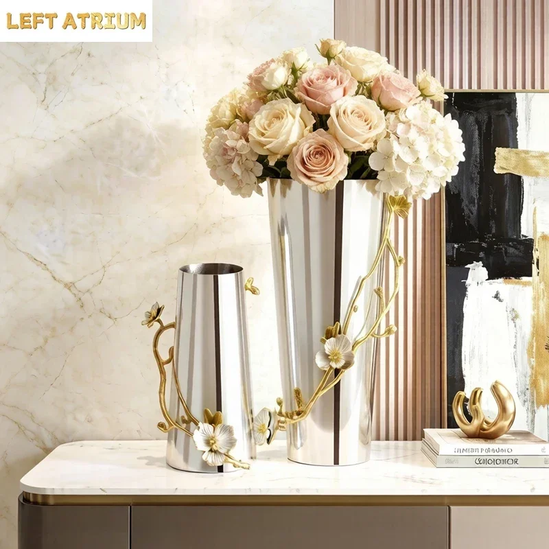 Butterfly Ginkgo Leaf Decorative Vase Creative Silver Flower Pots Table Decoration Flowers Arrangement Room Aesthetic Decor