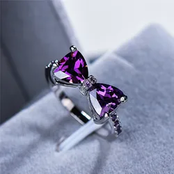 Cute Female White Bowknot Zircon Stone Ring Simple Silver Color Thin Wedding Jewelry For Women