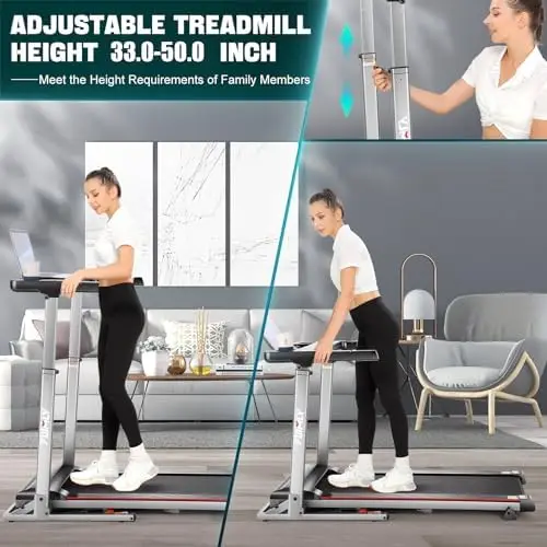 Treadmill with Desk Workstation & Adjustable Height, 300 LBS Weight Capacity, Folding Treadmill with Incline, Bluetooth Speaker