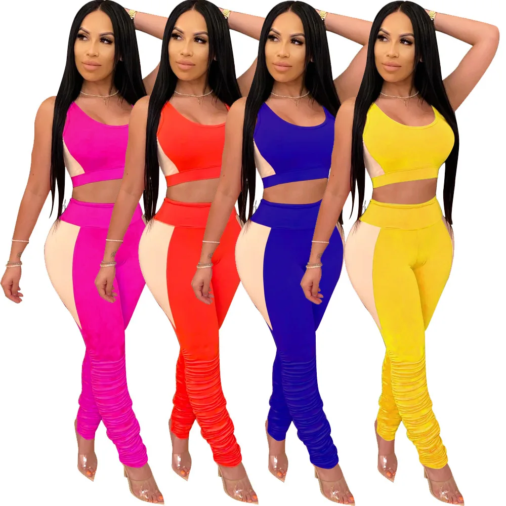 

Sexy Women's Clothing Sexy Slim Fit Solid Color Splicing Shrinkle Sports Women's Suit Fashion Trend Spring And Summer New Produc