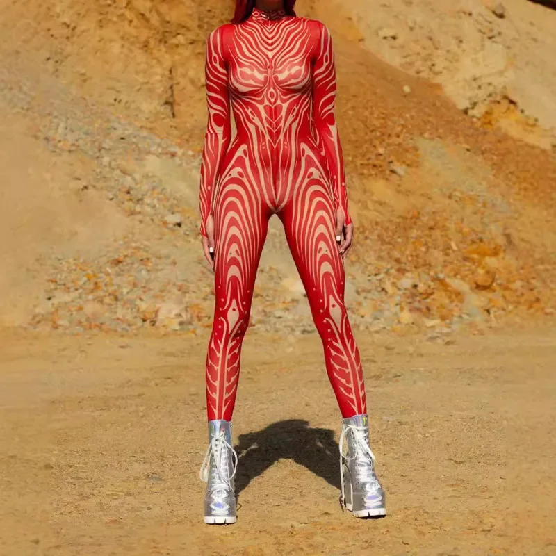 Women Red Phantom Mesh Jumpsuit Wood Shell Mesh Bodysuit Halloween Zentai Suit Outdoor Adventure Theme Party Catsuit Rave Outfit