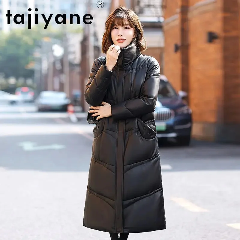 Genuine Tajiyane Sheepskin Leather Down Jacket for Women 2024 Fashion Long Coats Standing Collar Winter Casual Black Parkas