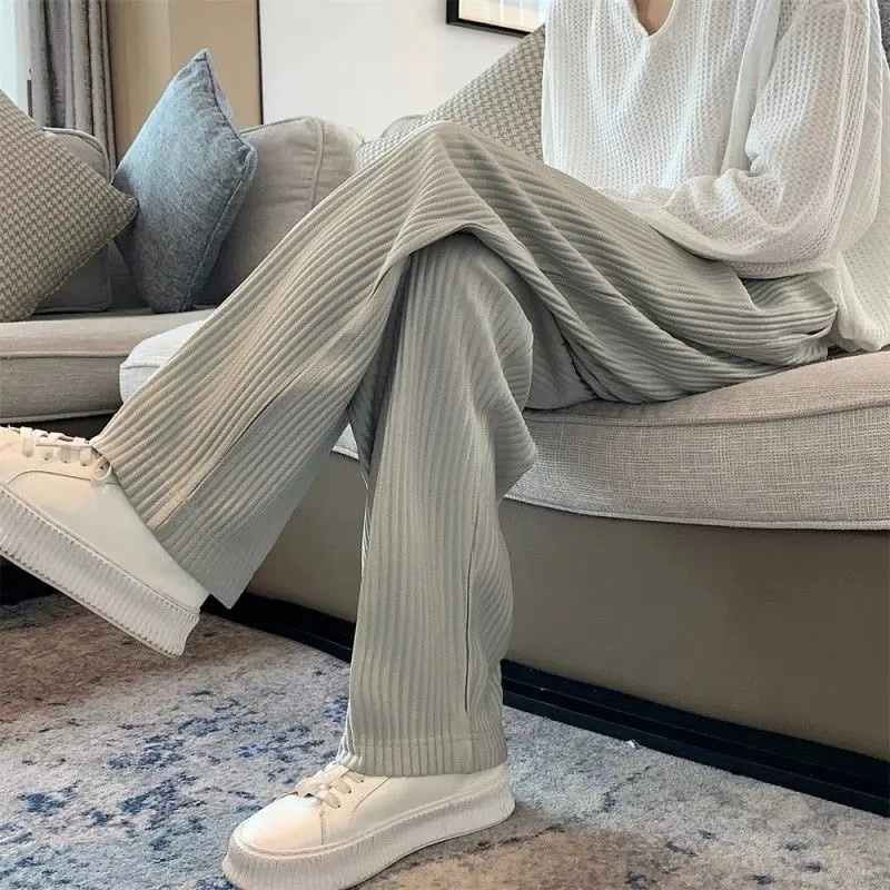 

Trendy Lazy Wind Summer Casual Suit Pants Men Solid Striped Elastic Waist Pocket Fashion Versatile Straight Wide Leg Trousers