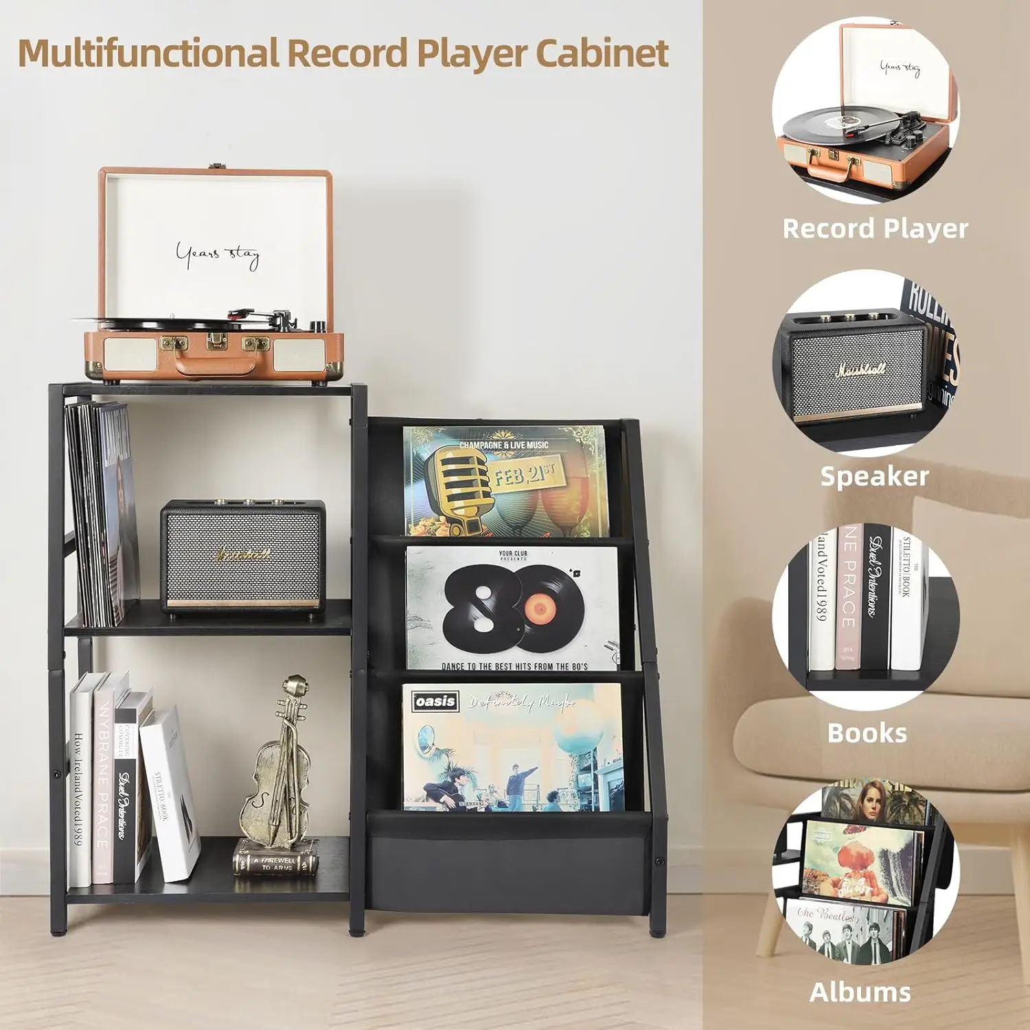 3-Tier Vinyl Record Player Stand with Storage for Albums, Turntable Table, End Table for Home Decor