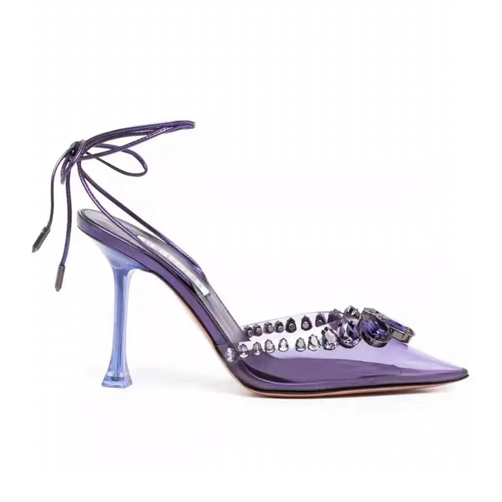 2023 Transparent High Heels Silver Diamond Sandals Slim Heels Ankle Strap Pointed Women's Shoes