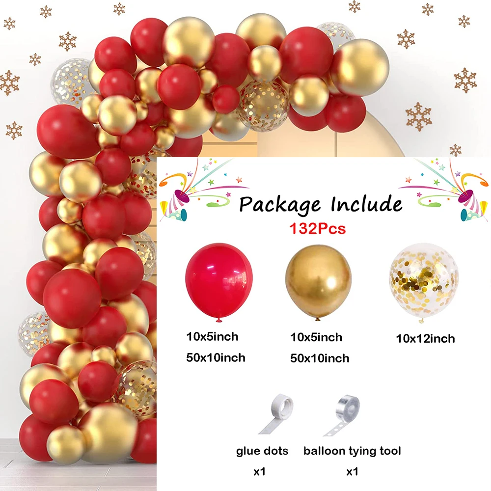 132Pcs Red Balloon Garland Arch Kit with Metallic Gold Confetti Ballon for Anniversary Party Wedding Birthday Baby Shower Decor