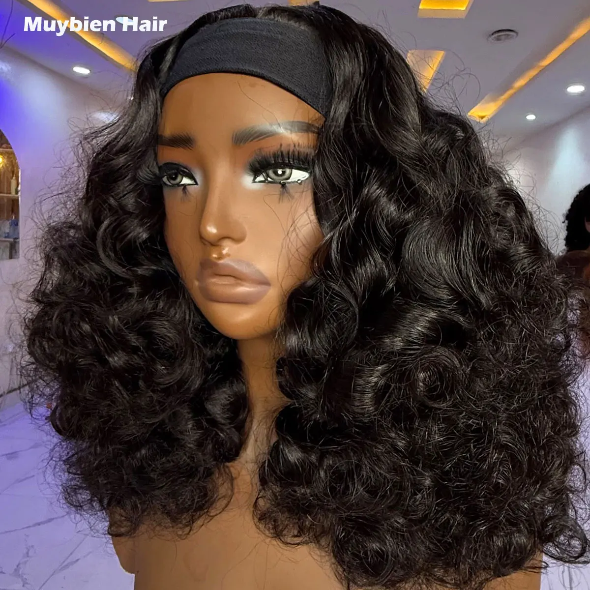 Human Hair #1b Black Bouncy Wave Head Band Wig 100% Human Hair Machine Made Headband Bouncy Curls Wig for Black Woman