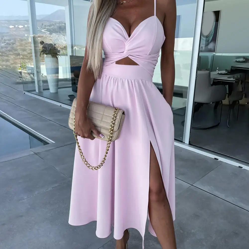 

Beach Party Midi Dress Elegant Spaghetti Strap Midi Dress with Low-cut V Neck Backless Design for Women for Beach Parties Summer