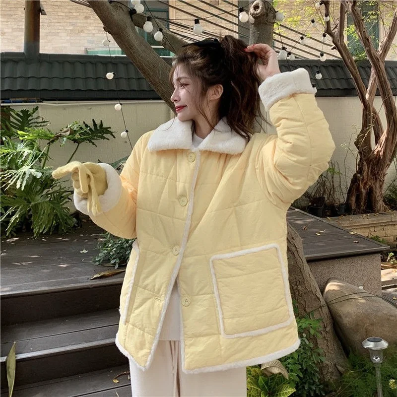 

Парки женские зимние эстетические в корейском стиле милая желтая теплая верхняя одежда модная свободная одежда для отдыха распространенная универсальная элегантная одежда