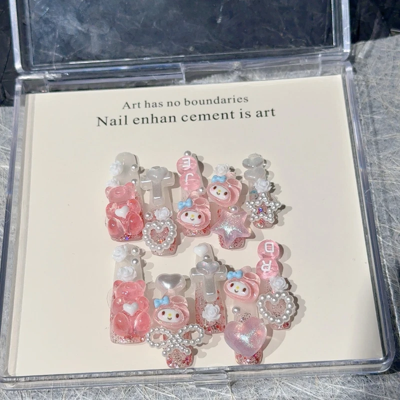 

10Pcs Handmade Fake Nails with Melody Pearl Luxury Diamond Full Cover Wearable Artificial Press on Nails Y2K Pink Love Nail Tips