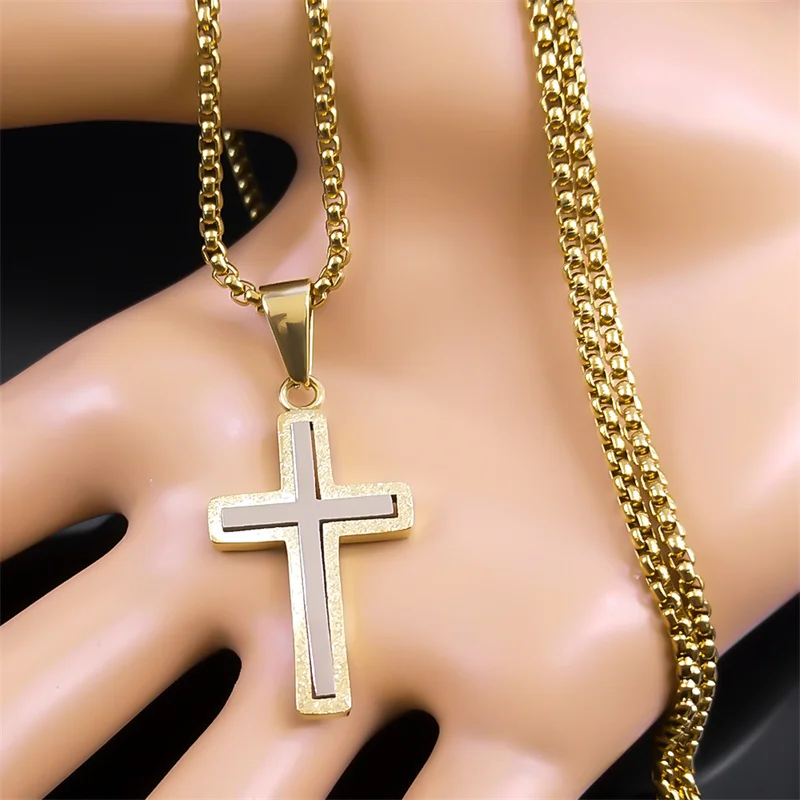 Exquisite Cross Pendant Necklace for Women Men Stainless Steel Gold Color Jesus Christ Religious Chain Jewelry collares NHH36S02