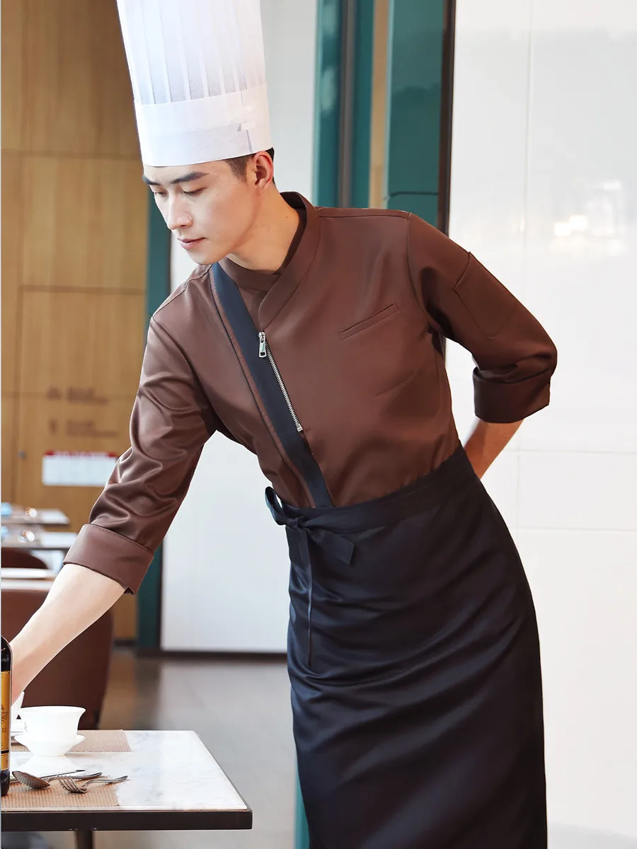 갈색 반팔 요리사 유니폼 호텔 레스토랑 웨이터 탑 고품질 주방 요리복 작업복