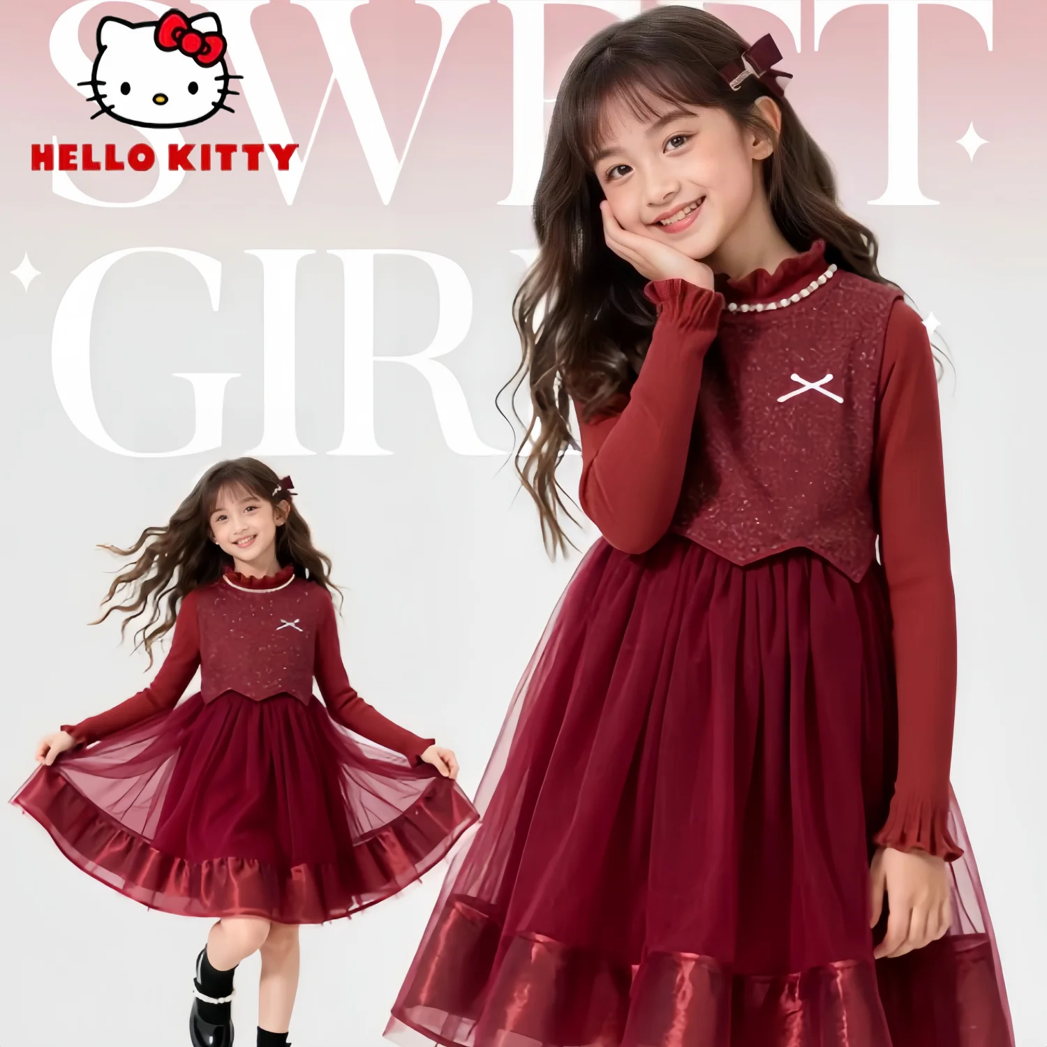 

Детская одежда Hello Kitty, стильное блестящее платье для девочек, милое и стильное платье на весну и осень, ветрозащитное платье, модное цельное платье