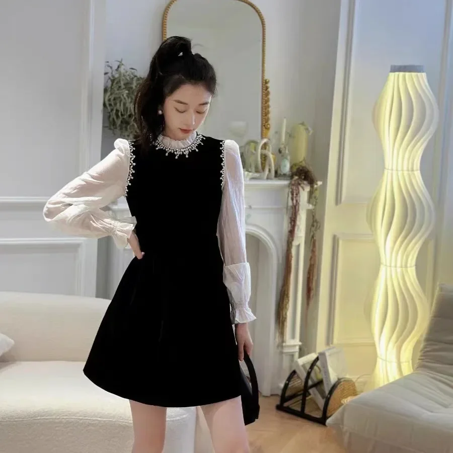 

Korea Autumn Winter New Fashion 2024 Women Full Sleeve Organza Patchwork Velvet Diamonds Embroidered Flares Mini Dress