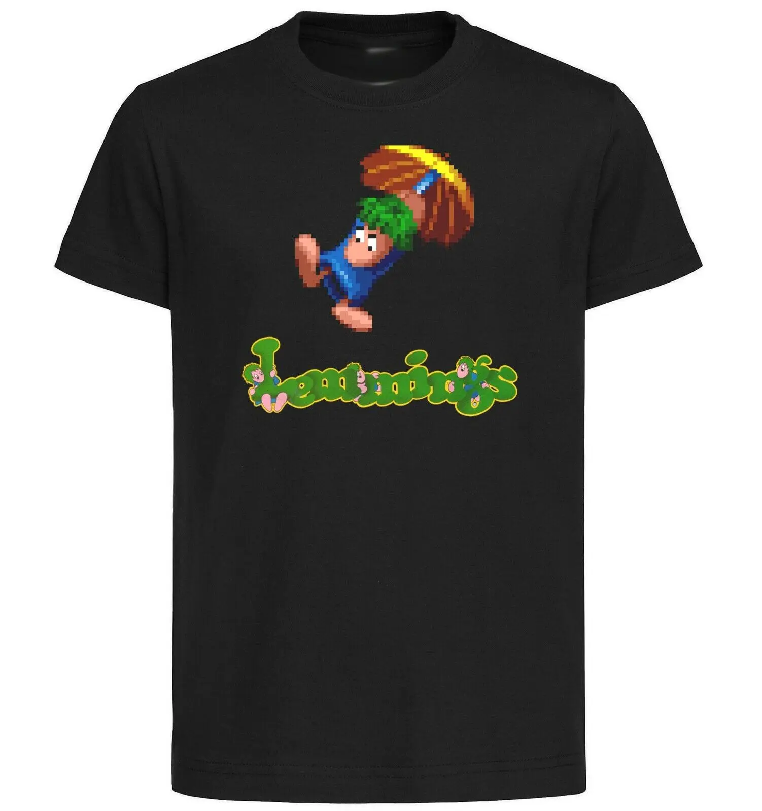 Black T-Shirt Black Jersey Retrogame Lemmings Pixel Art Umbrella-