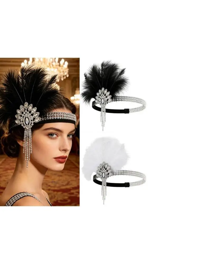 

39BB Beautiful Elastic Headband With Sparkling Stones Plumage Border And Flowing Tassels Ornaments for Women And Teens
