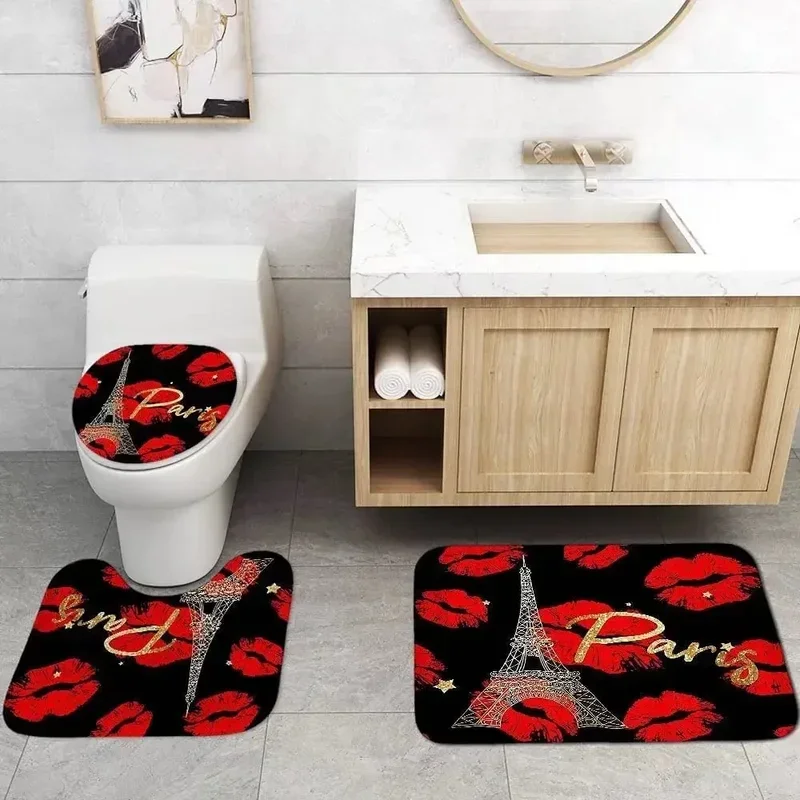 Paris Eiffel Tower Pink Bathroom Rugs And Mat Set With Non-Slip Rugs Bath U-Shaped Mat Toilet Lid Cover Valentine Bathtub Dec #