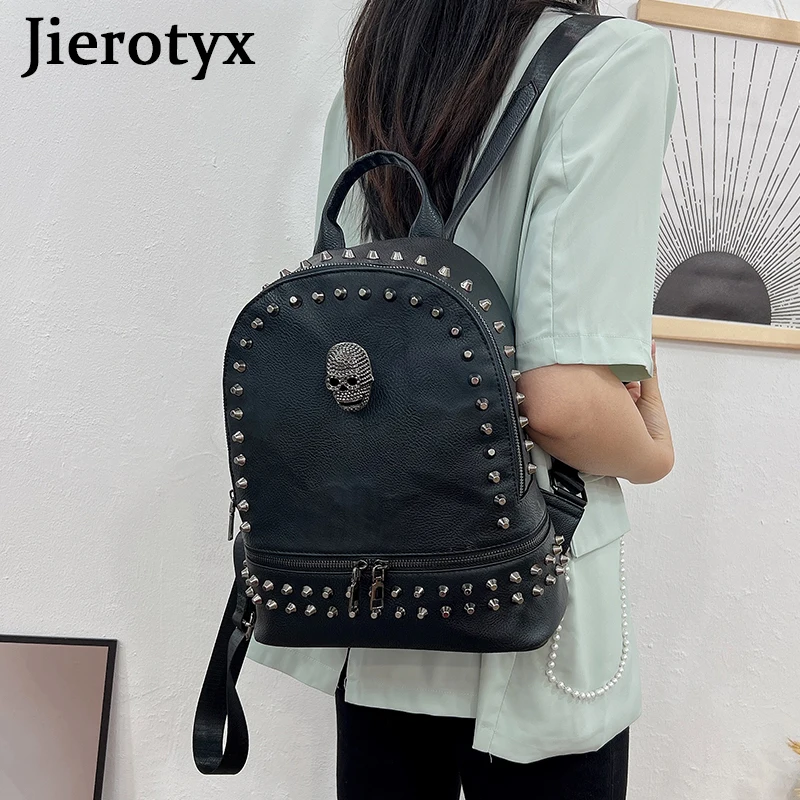 JIEROTYX-mochila de piel sintética con remaches para mujer, bolso escolar de gran capacidad, de diseñador, estilo gótico, color negro