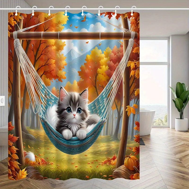

Занавеска для душа с милым котенком, осенний лесной гамак, сцена, осенние листья, декор, природа, искусство, водонепроницаемая тканевая занавеска для ванны, комплект для дома