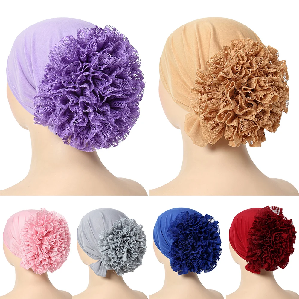 Turban Beanie Milk Silk Pan Flower Hat Fashion Women's Flower Hat Pure Color Dome Shaped Lace Breathable Multi-color Stylish Cap