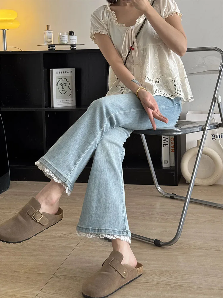 

Легкие джинсовые джинсы с кружевной отделкой, женские утягивающие невидимые леггинсы больших размеров, расклешенные брюки с микро-расклешенными брюками, высокая талия, девять части, прямые штаны