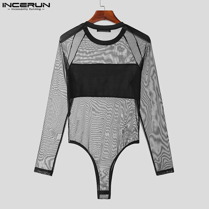 INCERUN-body Sexy de malla fina para hombre, mono de empalme transparente, elegante, de manga larga, S-5XL, gran oferta, 2023