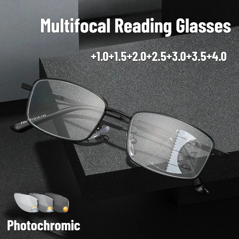 

Fashion New Photochromic Multifocal Reading Glasses Men's Classic Square Frame Simple Design Multifocal Presbyopia Glasses +4.0
