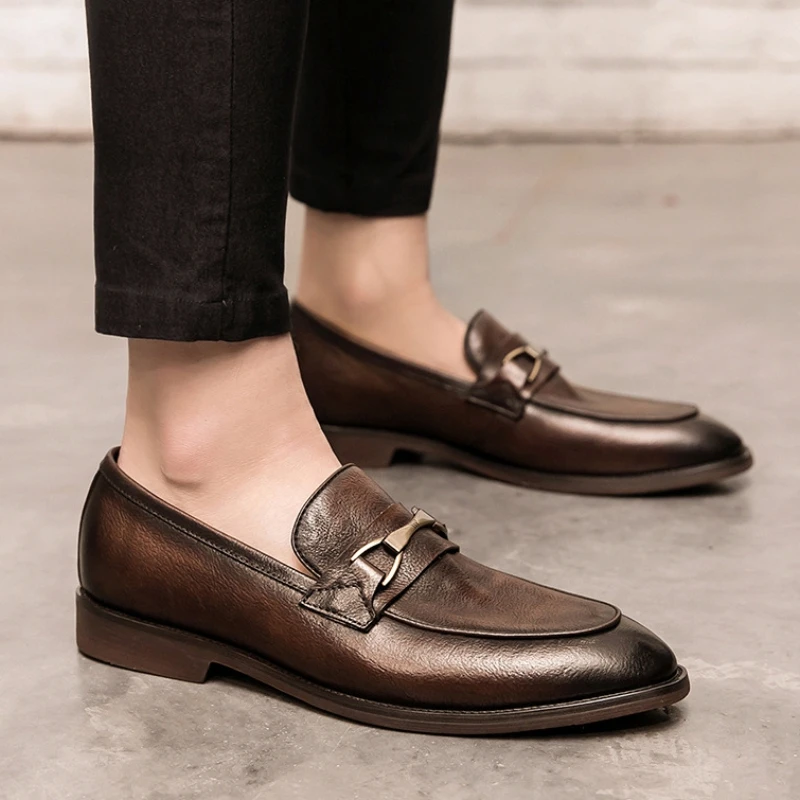 Men Loafers Business Formal Leather Top Layer Leather Shoes Solid Color Low Heel Buckle Decoration Professional Men Shoes