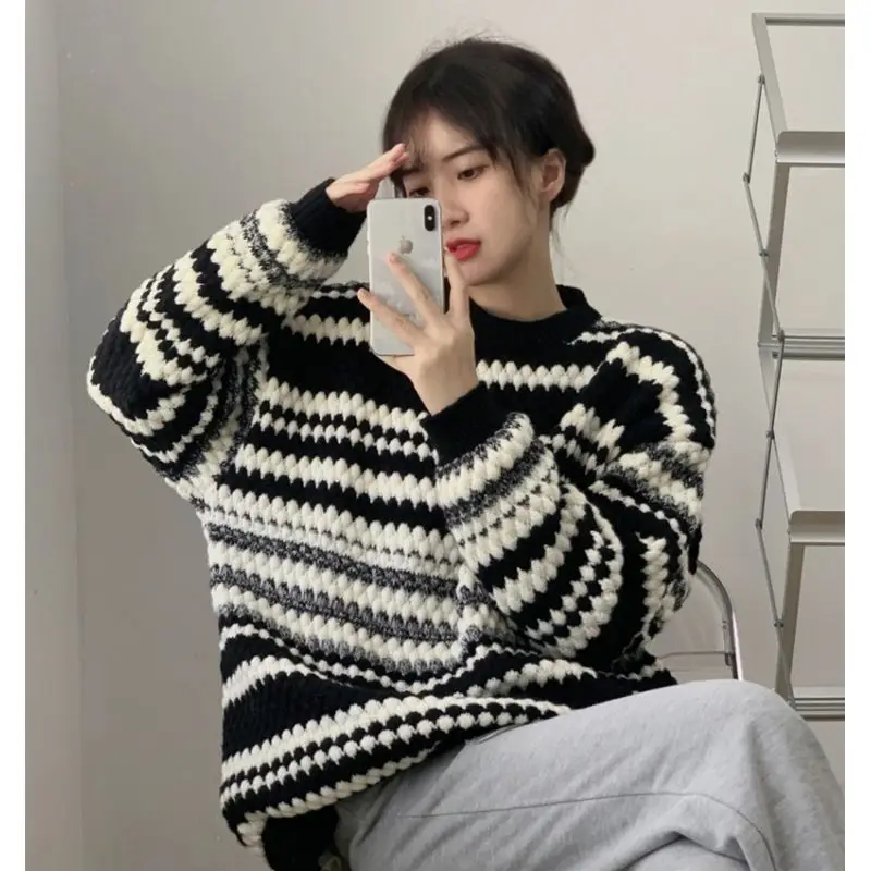 Lazy Style Knitting Striped Loose Pullovers Top Women Clothing Long Sleeve Contrast Casual Sweaters Fashion Korean Spring Autumn