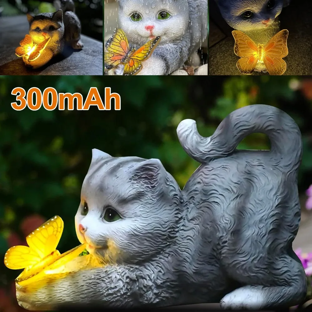 Dekorative Statuen für den Außenbereich, niedliche Katzenstatue aus Kunstharz mit integriertem solarbetriebenem Schmetterlingslicht, automatisch leuchtende Gartenfigur, warme, magische