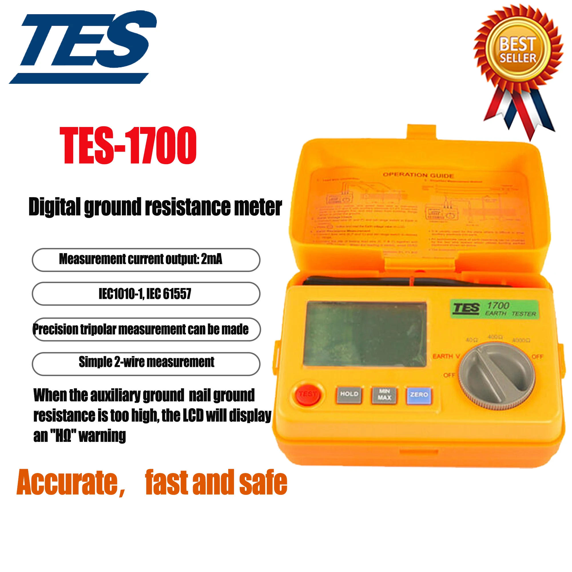 TES-1700 Digital Earth Resistance Tester without Tripping Earth Leakage Current 3 3/4 Digit LCD Display,Zero Ohm Adjustment.