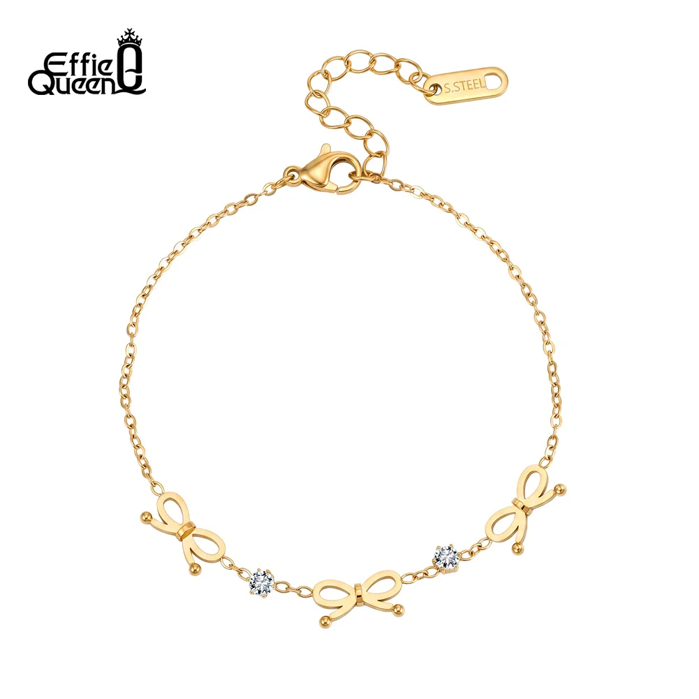 EFFIE QUEEN Stainless Steel Bow Knot Minimalist Chain Bracelet Zircon For Women Unique Design Adjustable Wrist Accessory STKB27