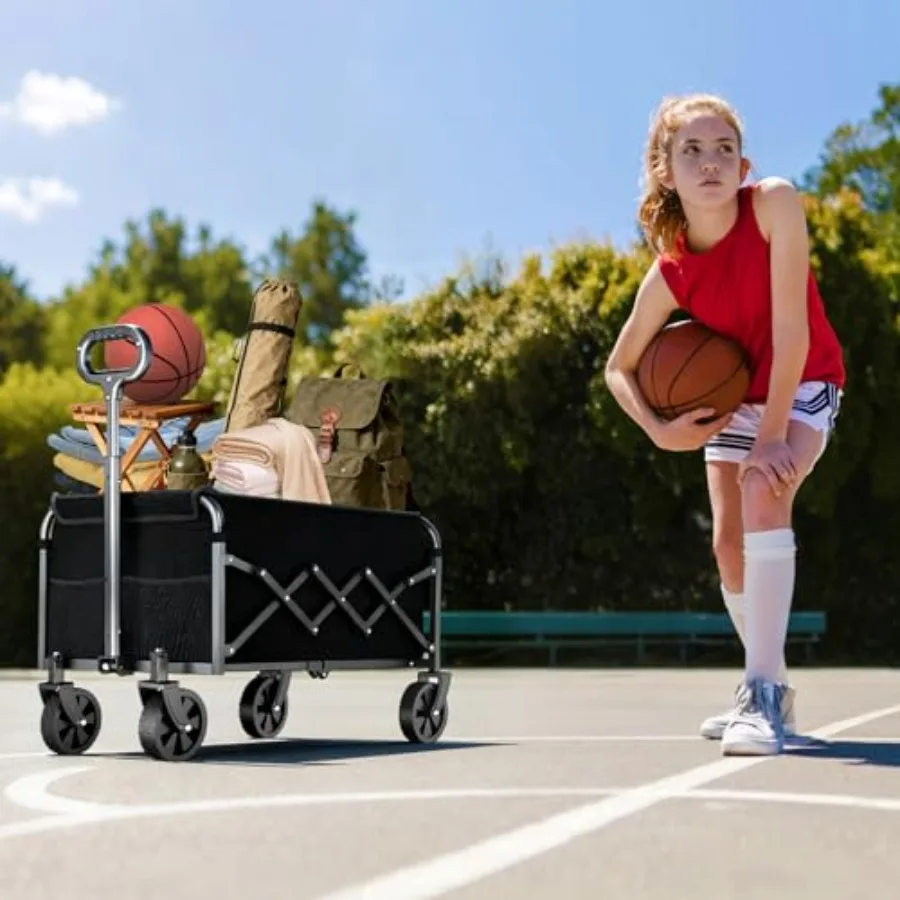 Foldable 360 Lbs Black Lightweight Portable Collapsible Wagon with Adjustable Handle for Camping Shopping Sports Travel Garage