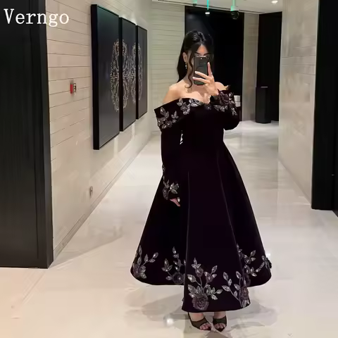 Verngo Black Velvet Evening Dress Appliques Off The Shoulder A Line Prom Gowns Arabia Elegant Party Dress Customizedفساتين