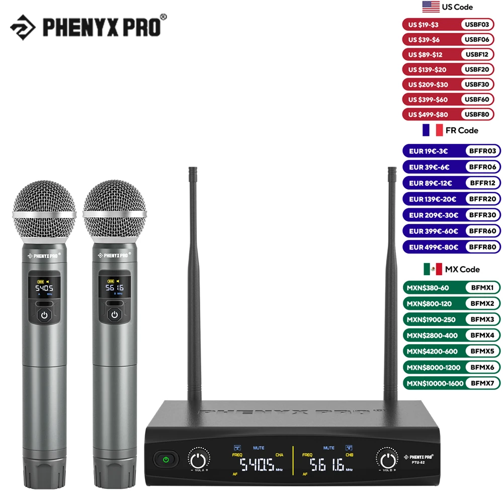 Phenyx Pro UHF Professional Dual Wireless Microphone Stage Performance Karaoke Home System 200ft/60m 30Frequencies PTU-52