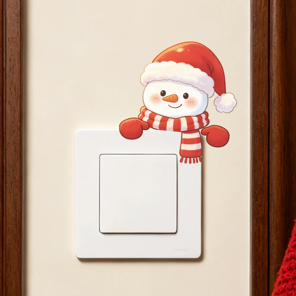 Cute Snowman with Christmas Hat Light Switch Sticker, Self‑Adhesive Wall Decal for Living Room Entryway Home Wall Decoration
