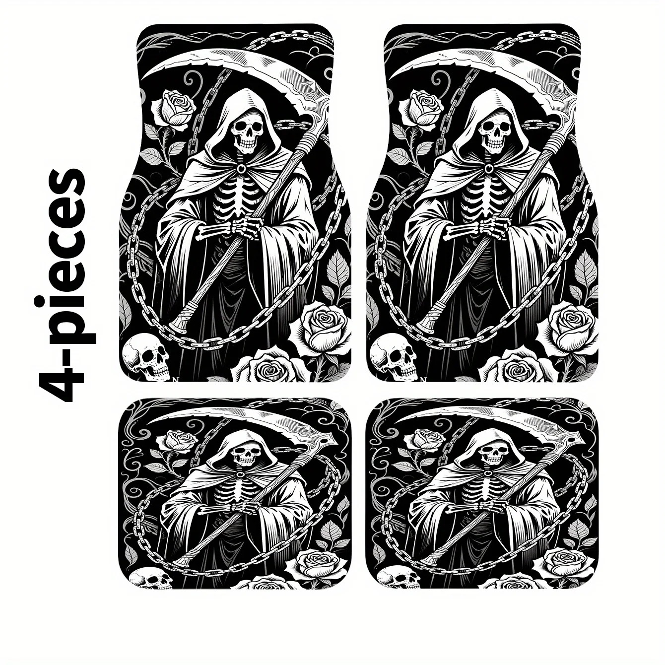 

4pcs Grim Reaper & Sickle Rose Print Car Mats - Gothic Design Fit For Driver/Passenger/Rear/Trunk, Easy-Clean Auto Interior Acce