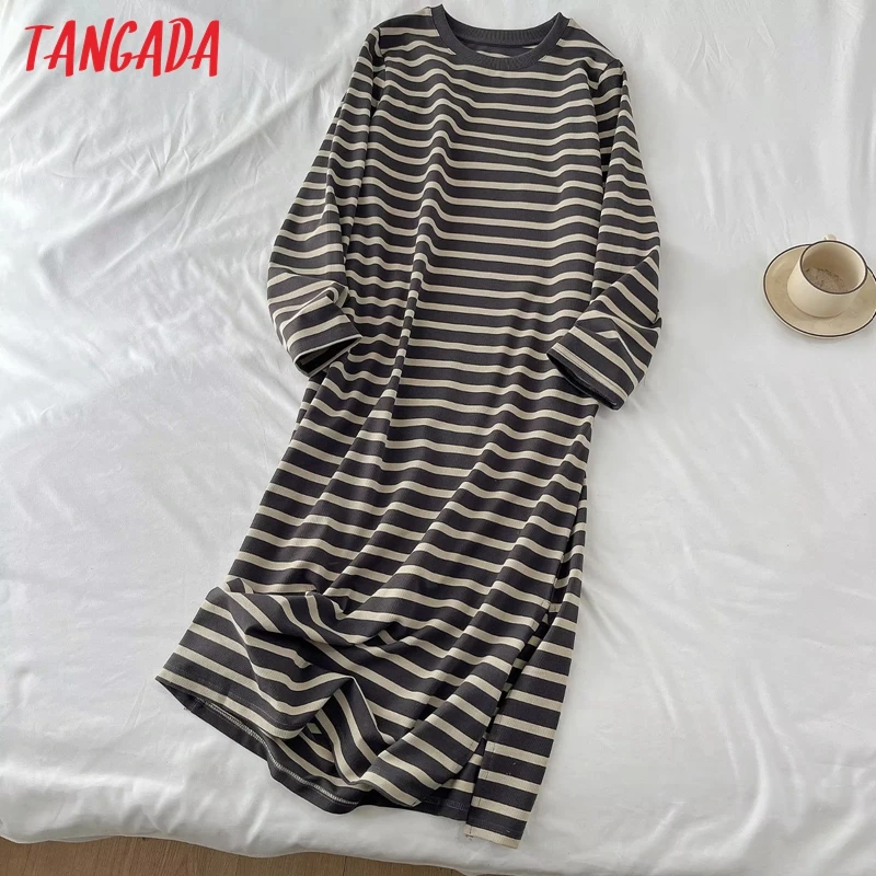 Tangada 2023 Women Loose Striped Sweatshirt Dress Loose Short Sleeve Ladies Midi Dress XLJ184