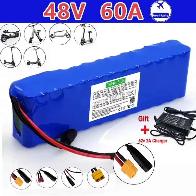 48V 60Ah 1000w 13S2P XT60 48V Lithium Ion Battery Pack 60000mah for 54.6v E-bike Electric Bicycle Scooter with BMS+charger