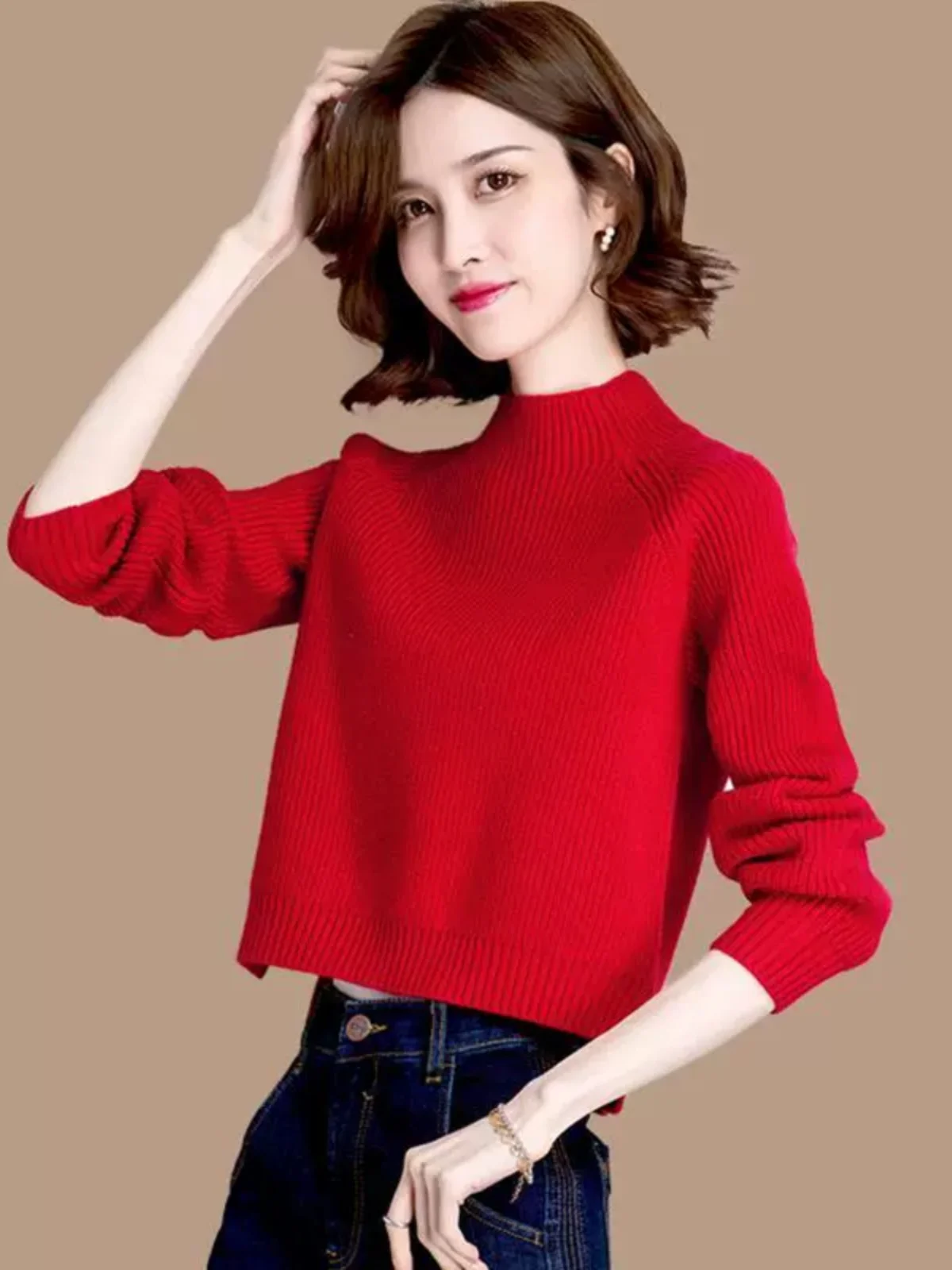 レッドハイウエストショートセーター女性のハーフハイカラースモールサイズファッショナブルなトップス秋冬カジュアルピュアカラー