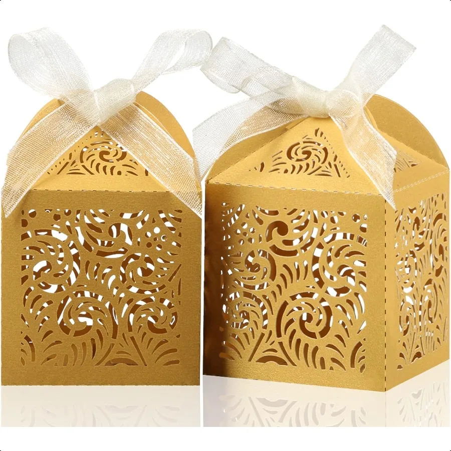 

100Pcs Laser Cut Favor Boxes 2x2x2.75in Small Gift Boxes for Presents Party Wedding Favors Boxes with Ribbon Mini Candy Boxes f