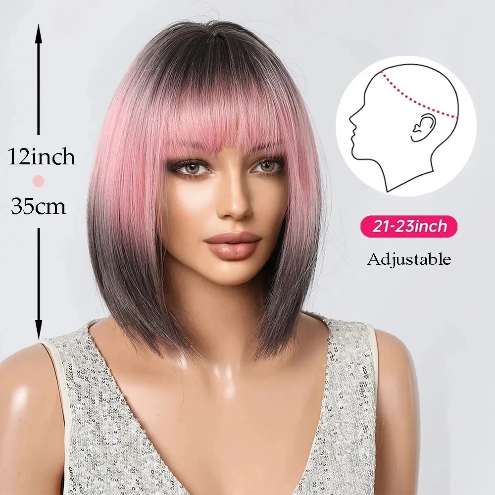 ALAN EATON Short Ombre Pink Black Hair Wig Synthetic Bob Wigs with Bangs Pink Straight Wig for Women Party Use Heat Resistant