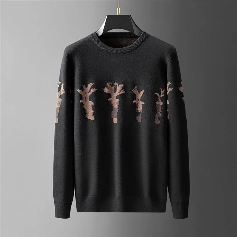 

2022 New Fashion Deer Horn Embroidery Sweater Men's Autumn and Winter Soft Warm Round Neck Knitwear Casual High Quality Pullover