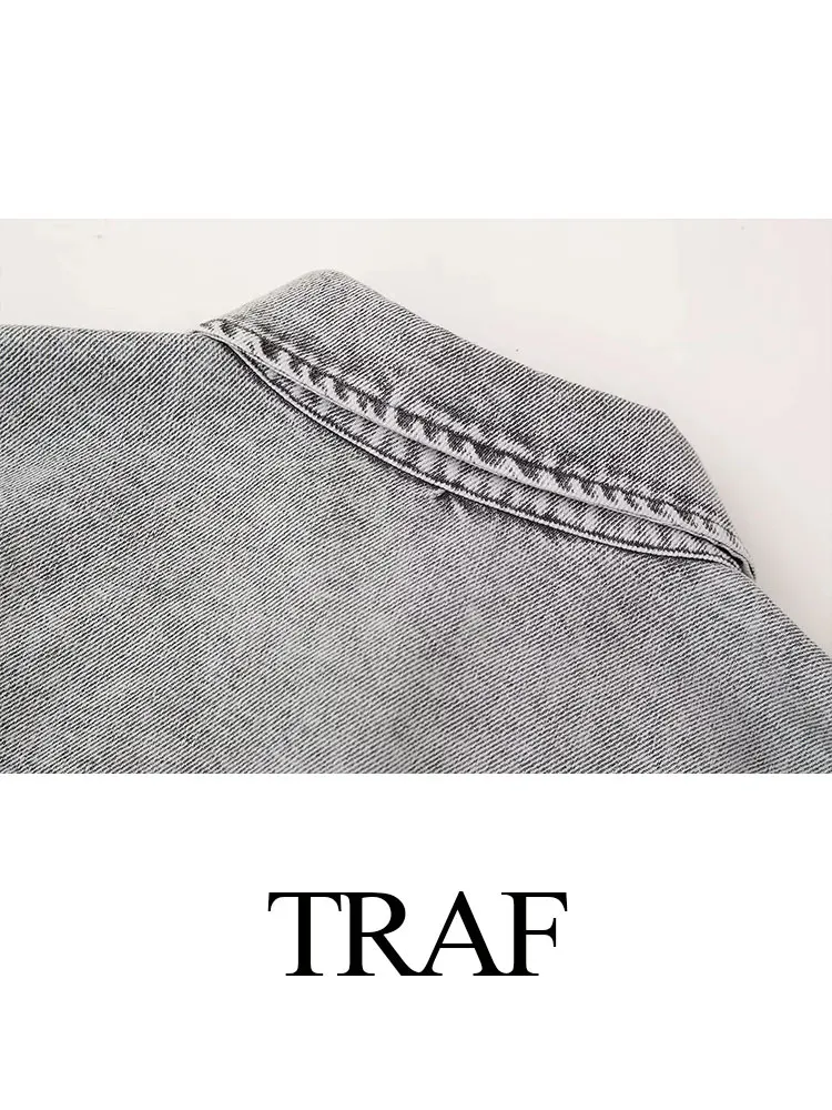 TRAF-abrigo de mezclilla para mujer, chaqueta holgada de un solo pecho con solapa de perlas de imitación, cárdigan Vintage con bolsillo, Primavera